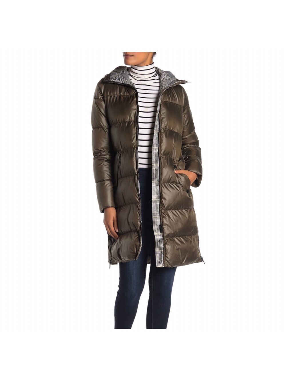 NEW French Connection Olive Green Long Hooded Puffer Coat XS